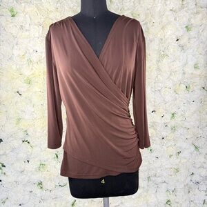 Coldwater Creek Brown Faux Wrap Ruched Blouse Small Stretch 3/4 Sleeve